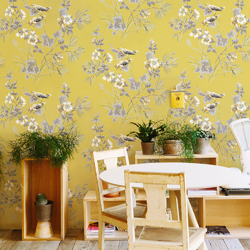 Non-Pasted Wallpaper Roll with Bird and Flower Design for Coffee Shop, 33'L x 20.5"W