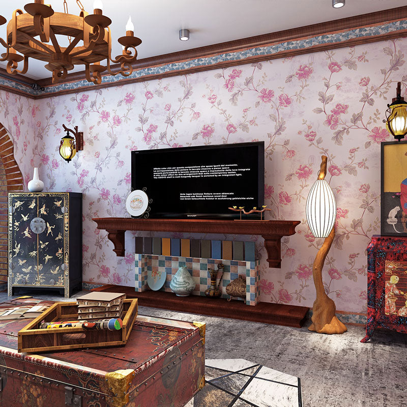Stain-Resistant Non-Pasted Wallpaper Dense Blossom Pattern Non-Woven Wall Covering in Natural Color