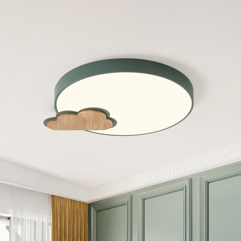 Grey/Green Finish Circle Flush Lamp Macaron LED Acrylic Flush Mount Ceiling Light with Cloud Wood Detail, White/Warm Light