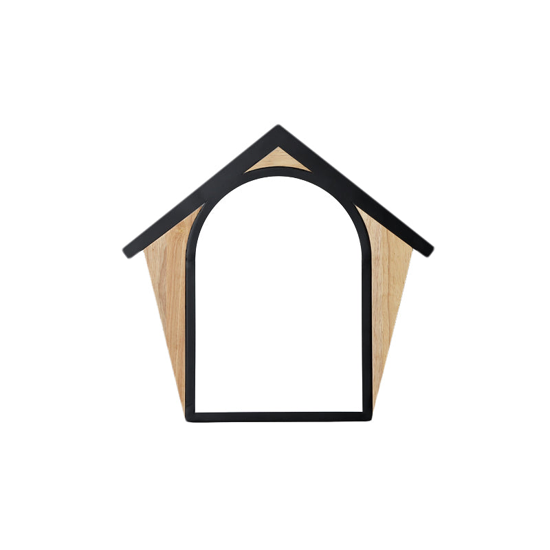 House Shape Metal Sconce Light Fixture Nordic Style Wood and Black LED Wall Lighting Idea