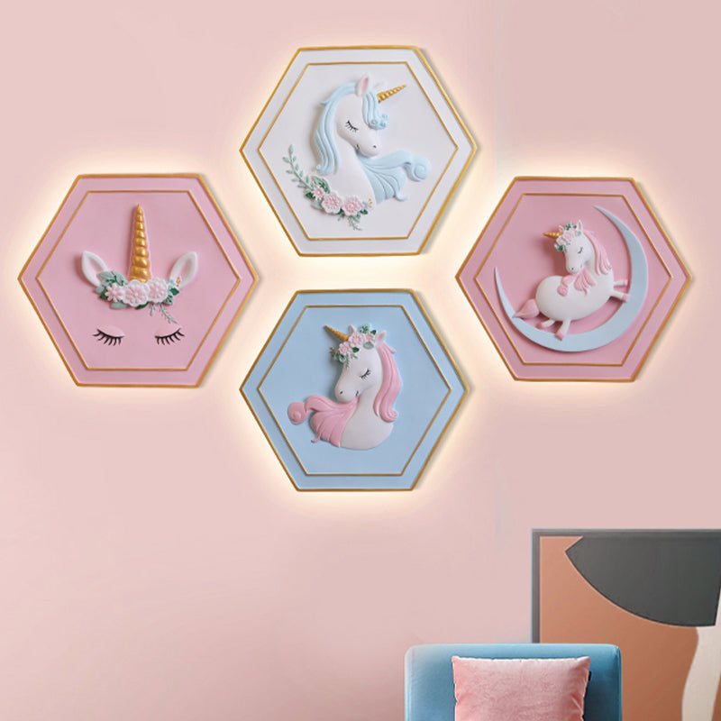 Pink Unicorn Sconce Lighting with Hexagon Design Cartoon LED Resin Pull-Chain Wall Lamp