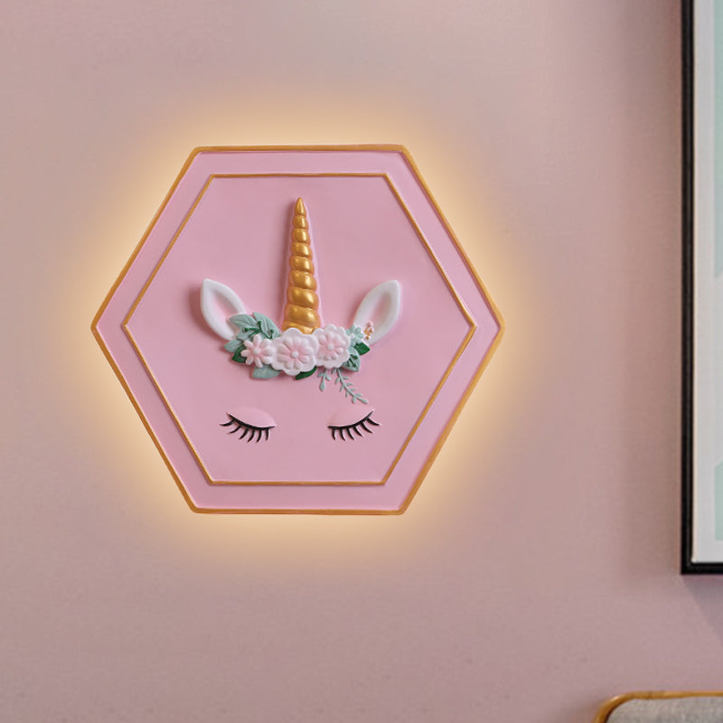 Pink Unicorn Sconce Lighting with Hexagon Design Cartoon LED Resin Pull-Chain Wall Lamp