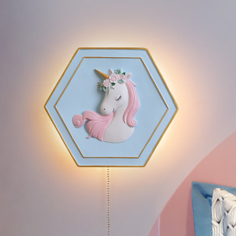 Pink Unicorn Sconce Lighting with Hexagon Design Cartoon LED Resin Pull-Chain Wall Lamp