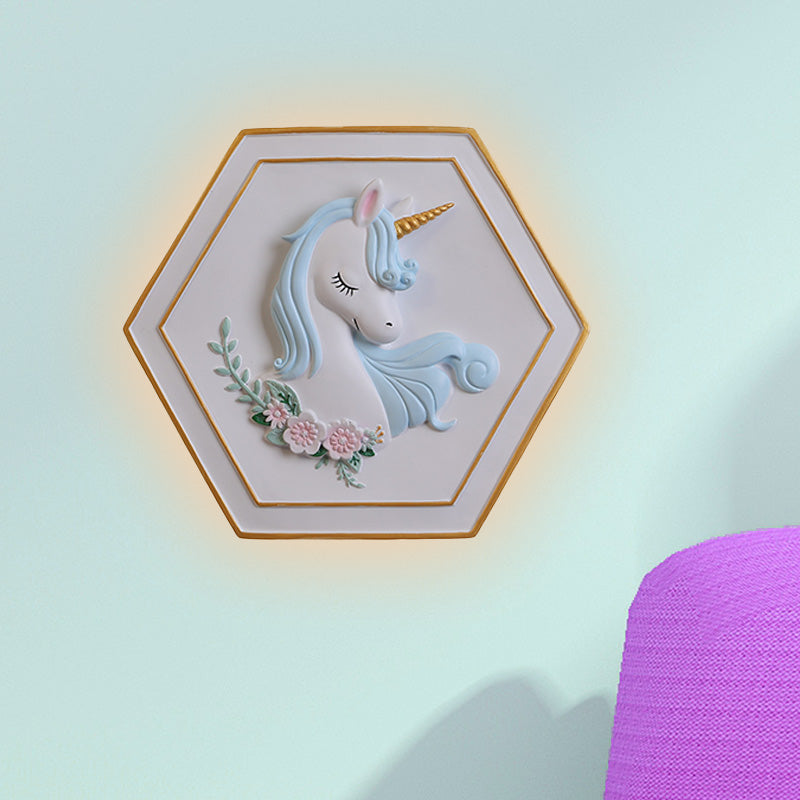 Pink Unicorn Sconce Lighting with Hexagon Design Cartoon LED Resin Pull-Chain Wall Lamp