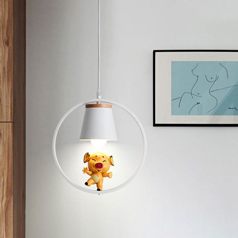 Pig Resin Pendant Lighting Cartoon 1-Light Yellow Suspension Lamp with White Ring
