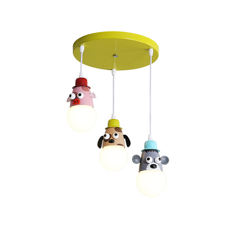 Cartoon Animals Multi Light Pendant Metallic 3 Heads Kids Room Hanging Ceiling Lamp in Yellow and Green