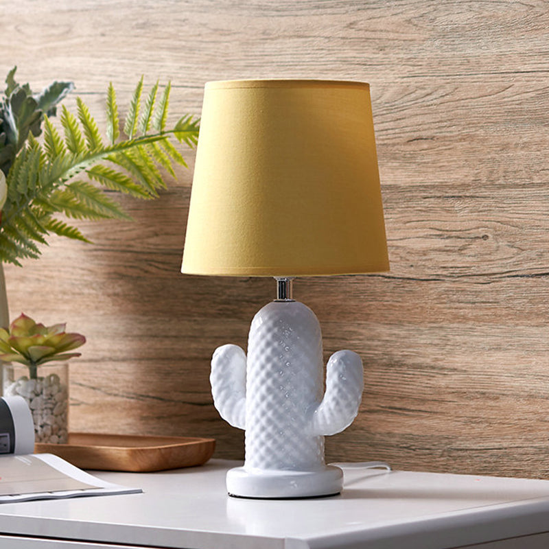 Ceramics Cactus Table Lighting Nordic Style Single Head White Desk Lamp with Barrel Yellow Fabric Shade