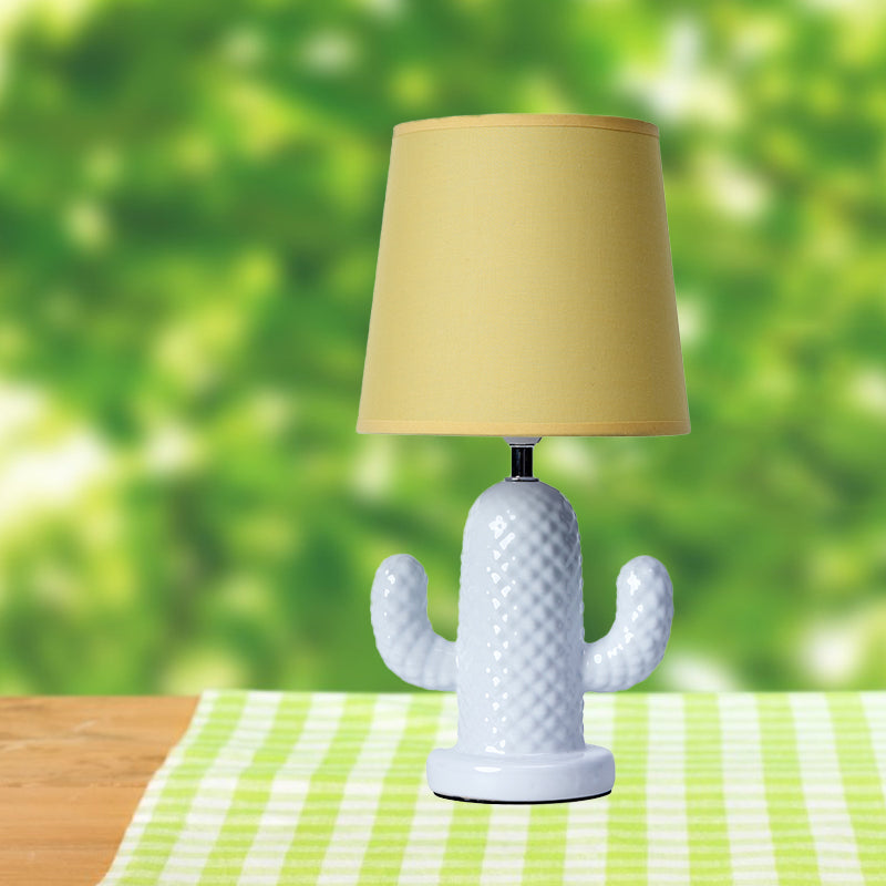 Ceramics Cactus Table Lighting Nordic Style Single Head White Desk Lamp with Barrel Yellow Fabric Shade