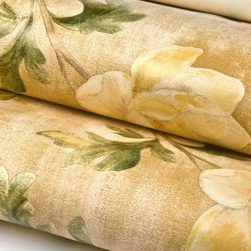 Non-Pasted Wallpaper Roll with Beige and Green Blossoming Flower Design, 20.5 in x 33 ft