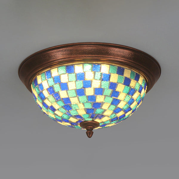 Bowl Shape Ceiling Light Fixture Lodge Stained Glass 1 Bulb Flushmount Ceiling Light in White/Blue/Light Blue/Clear/Blue-White/Dark Blue