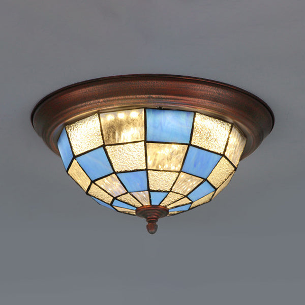 Bowl Shape Ceiling Light Fixture Lodge Stained Glass 1 Bulb Flushmount Ceiling Light in White/Blue/Light Blue/Clear/Blue-White/Dark Blue