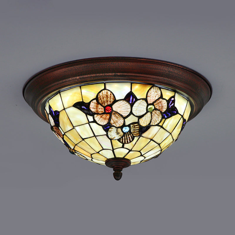Beige ronde inbouwlamp Vintage glas-in-lood 1-lamps plafondlamp met bloemenpatroon