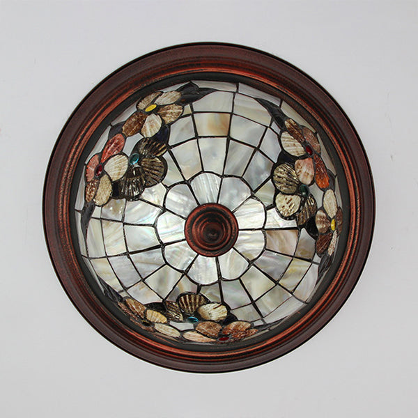 Beige ronde inbouwlamp Vintage glas-in-lood 1-lamps plafondlamp met bloemenpatroon