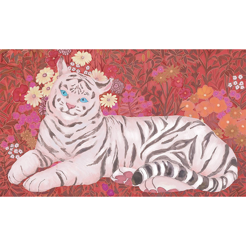 Big Illustration Contemporary Wall Covering for Living Room with Cute Tiger and Floral Design in Pink