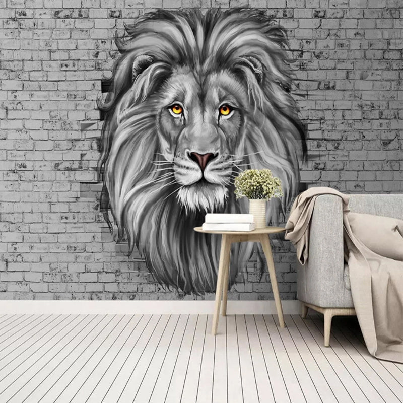 Giant Illustration Lion Mural for Theme Park Decoration in Grey, Personalized Size Available