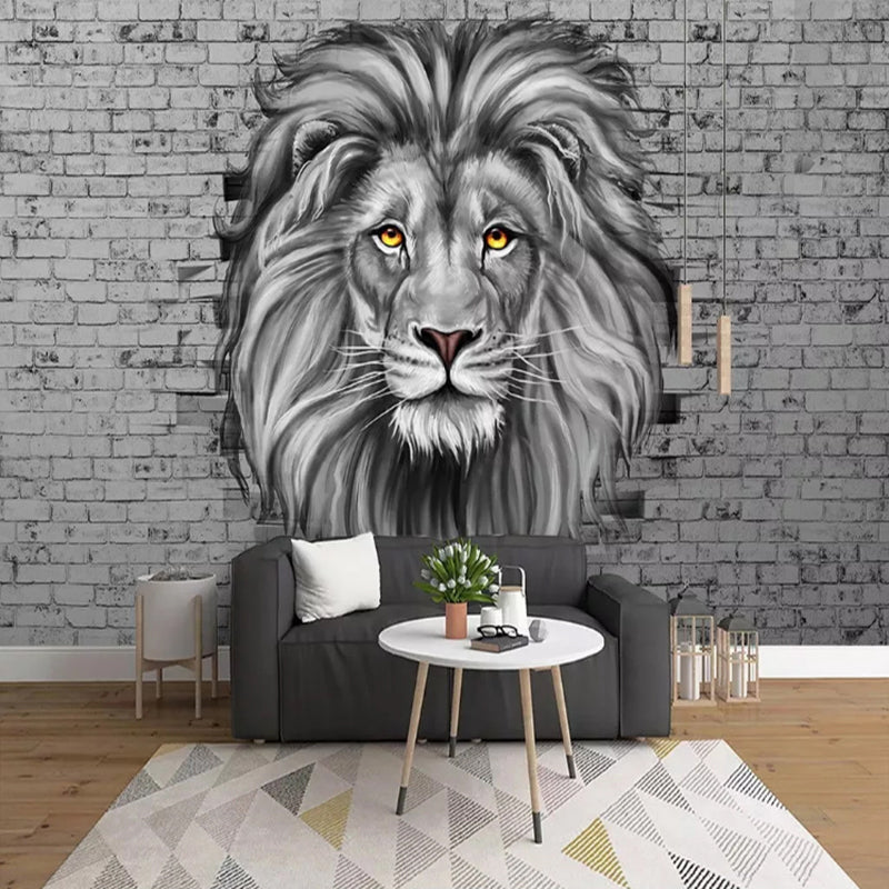 Giant Illustration Lion Mural for Theme Park Decoration in Grey, Personalized Size Available