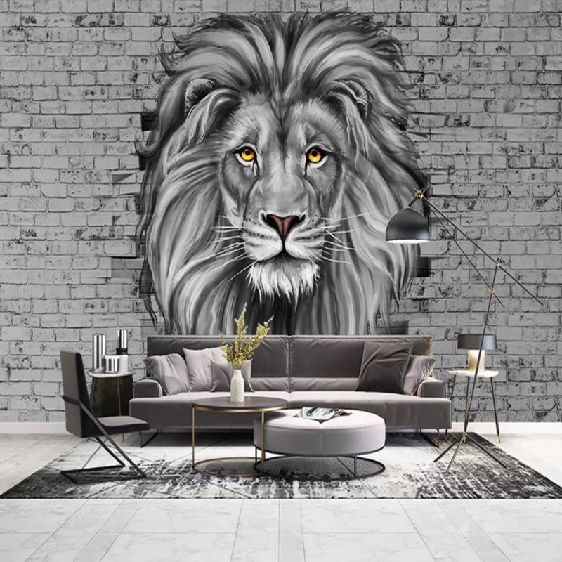 Giant Illustration Lion Mural for Theme Park Decoration in Grey, Personalized Size Available