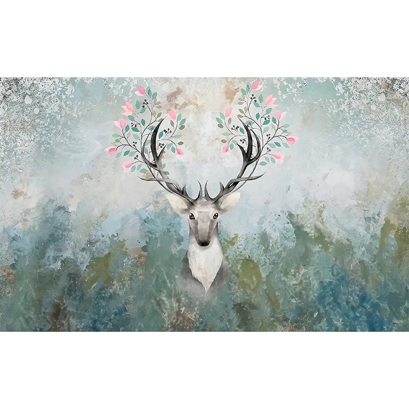 Aesthetic Deer and Forest Mural in Dark Green Living Room Wall Art, Personalized Size Available