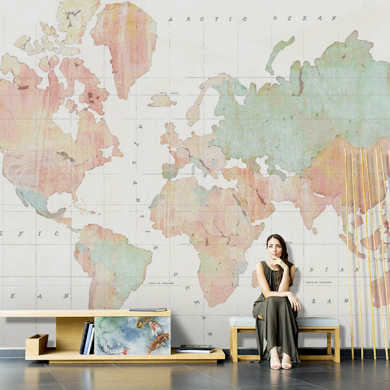 Fresh Green World Map Mural Wallpaper for Restaurant Decoration, Non-Woven Material