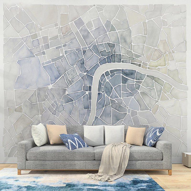 City Street Map Wall Art in Blue, Contemporary Wall Mural for Accent Wall