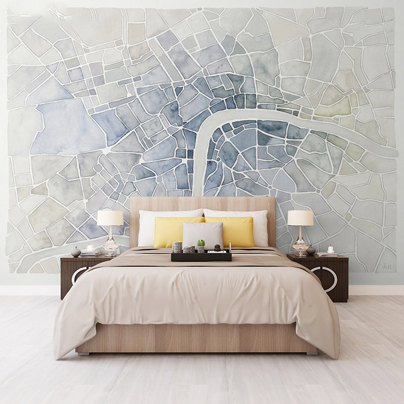 City Street Map Wall Art in Blue, Contemporary Wall Mural for Accent Wall