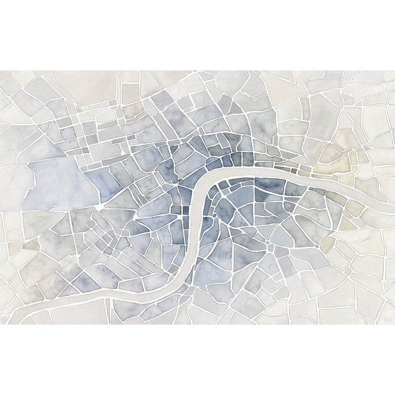 City Street Map Wall Art in Blue, Contemporary Wall Mural for Accent Wall