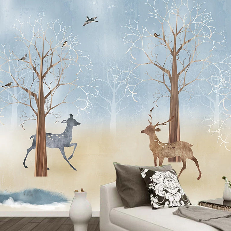 Soft Blue Nordic Wall Decor Full Size Deer and Tree Mural Wallpaper for Children's Bedroom
