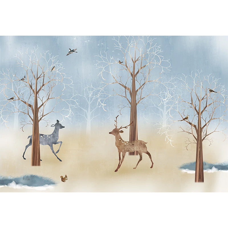 Soft Blue Nordic Wall Decor Full Size Deer and Tree Mural Wallpaper for Children's Bedroom