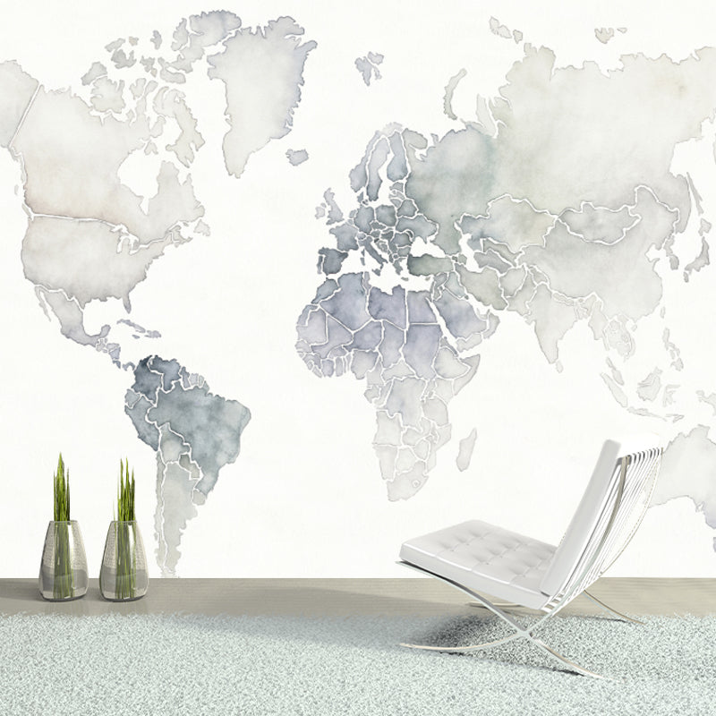 Pewter Minimalist Mural Full Size World Map Wall Covering for Accent Wall