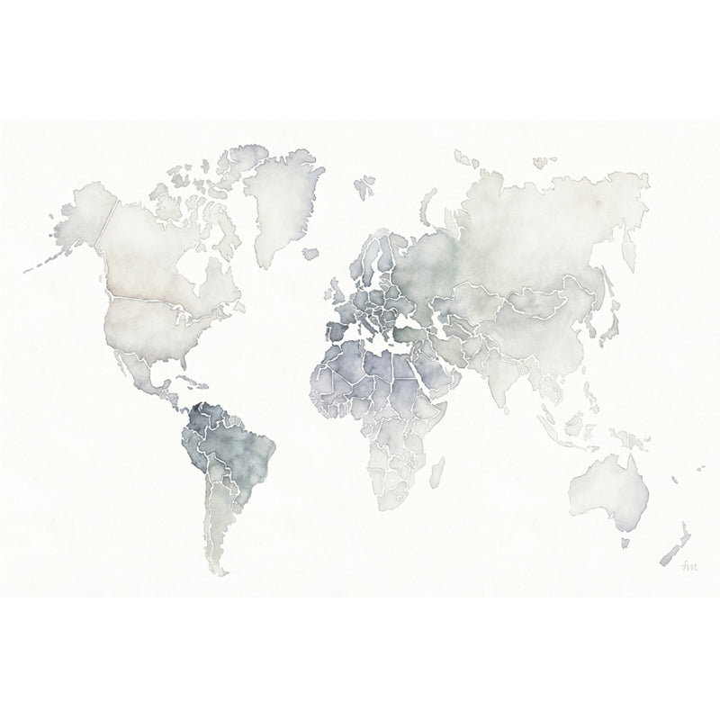 Pewter Minimalist Mural Full Size World Map Wall Covering for Accent Wall