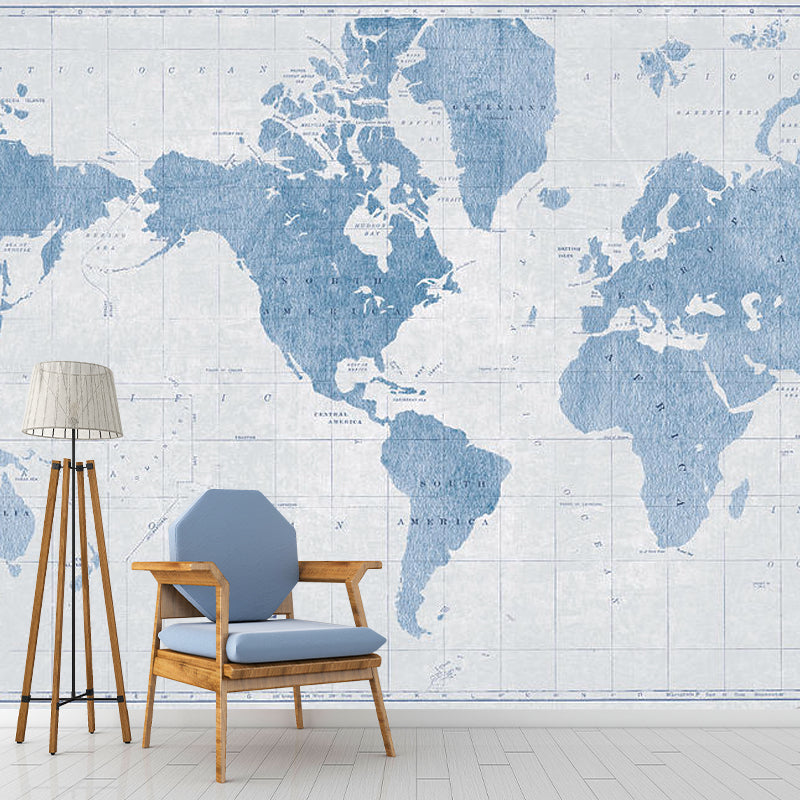 Contemporary World Map Mural Wallpaper in Pastel Blue Coffee Shop Wall Covering, Full Size