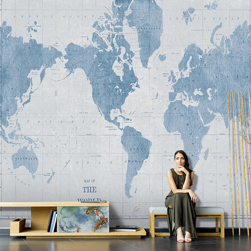 Contemporary World Map Mural Wallpaper in Pastel Blue Coffee Shop Wall Covering, Full Size