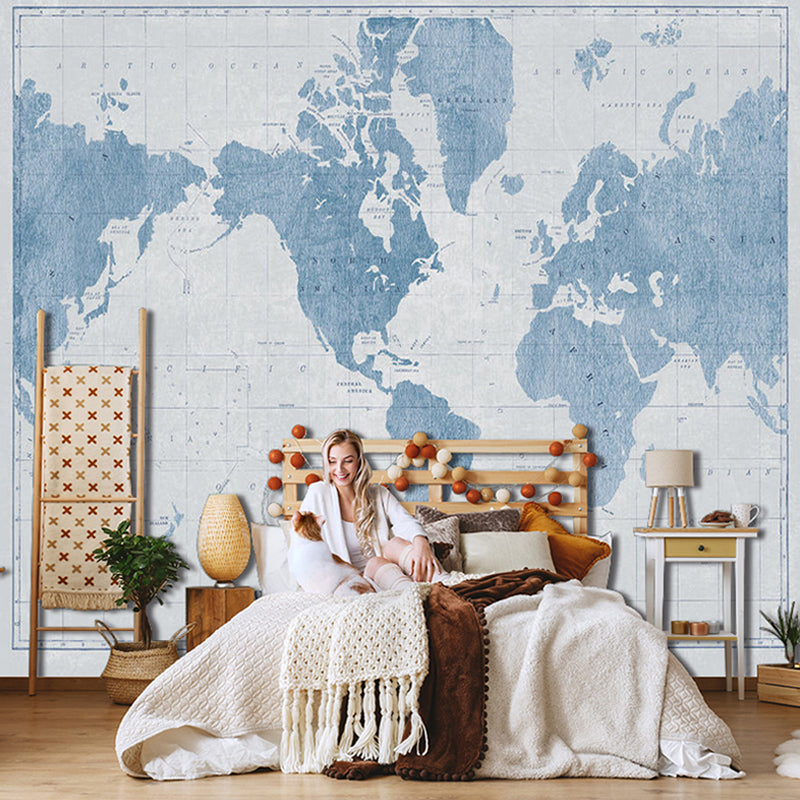 Contemporary World Map Mural Wallpaper in Pastel Blue Coffee Shop Wall Covering, Full Size