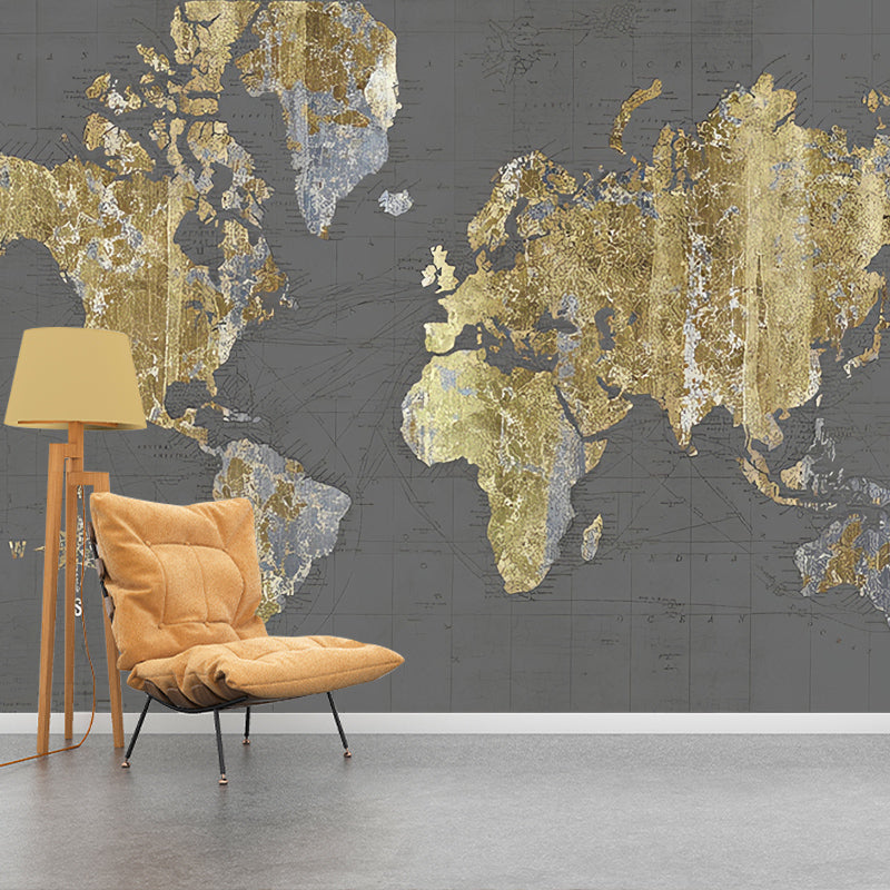 Gold World Map Mural Water-Resistant Wall Decor for Accent Wall