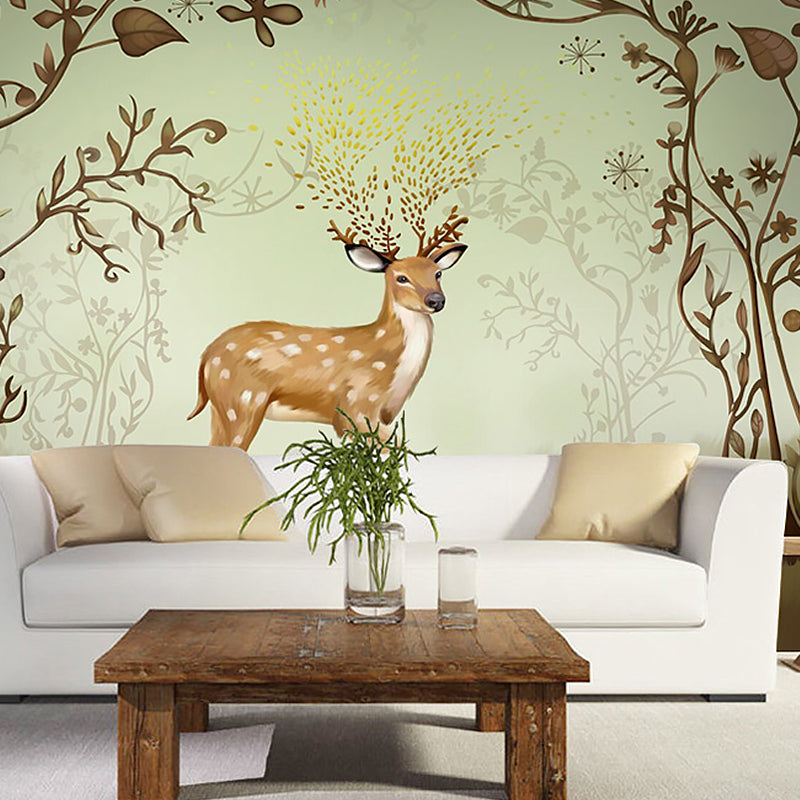 Whole Mural Wallpaper Turquoise Deer and Branch Non-Woven Wall Covering for Home Decor, Made to Measure