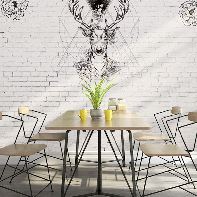Scandinavian Mural Black and White Deer and Flower Large Wall Decor, Personalized Size Available