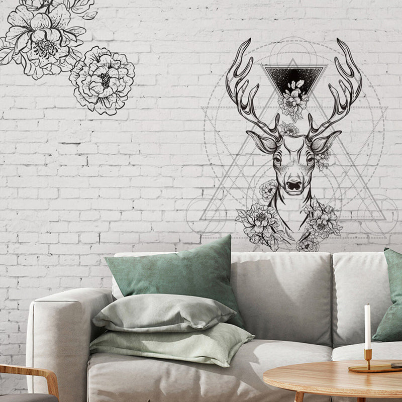 Scandinavian Mural Black and White Deer and Flower Large Wall Decor, Personalized Size Available
