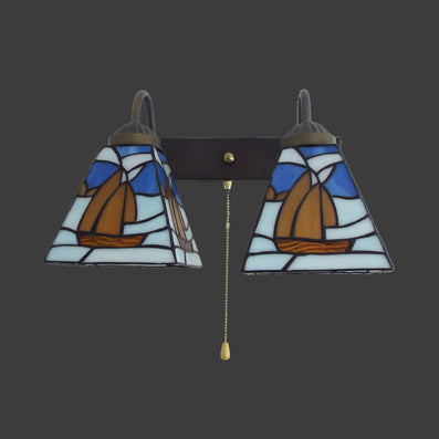 2 Heads Sailboat Wall Light Fixture Tiffany Blue Stained Glass Sconce Light with Pull Chain