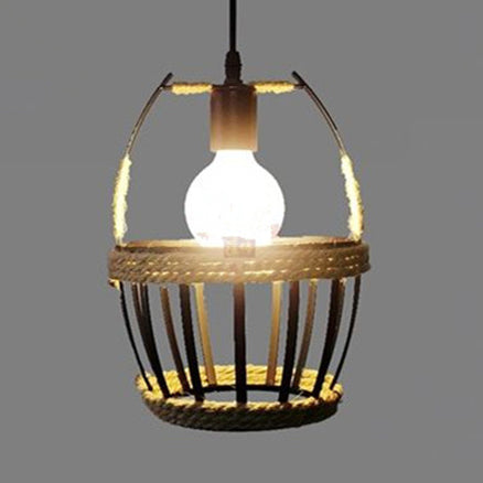 Metal Bucket Cage Hanging Ceiling Light Country 1 Light Restaurant Pendant Lighting with Rope Detail in Black