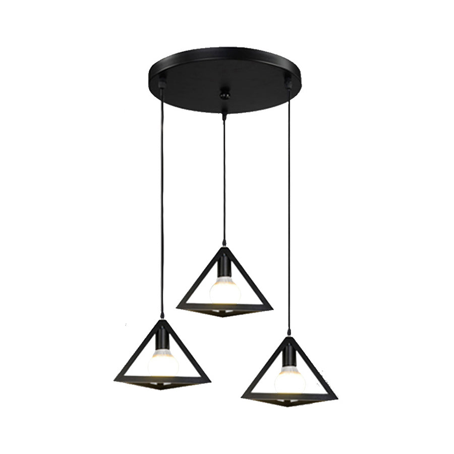 3 Heads Hanging Lamp Retro Industrial Triangle Metallic Pendant Lighting with Wire Guard and Linear/Round Canopy in Black/White