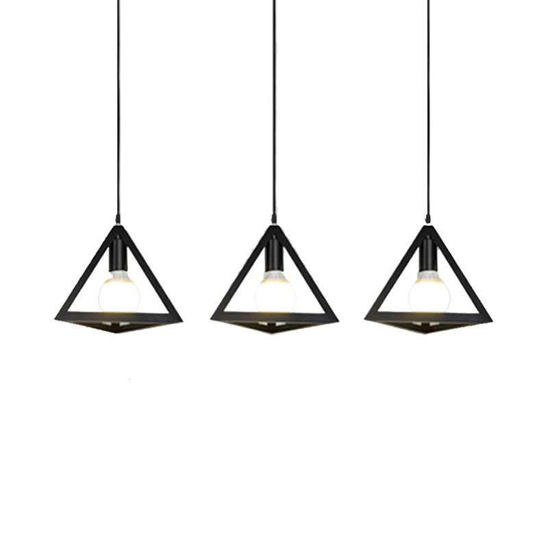 3 Heads Hanging Lamp Retro Industrial Triangle Metallic Pendant Lighting with Wire Guard and Linear/Round Canopy in Black/White