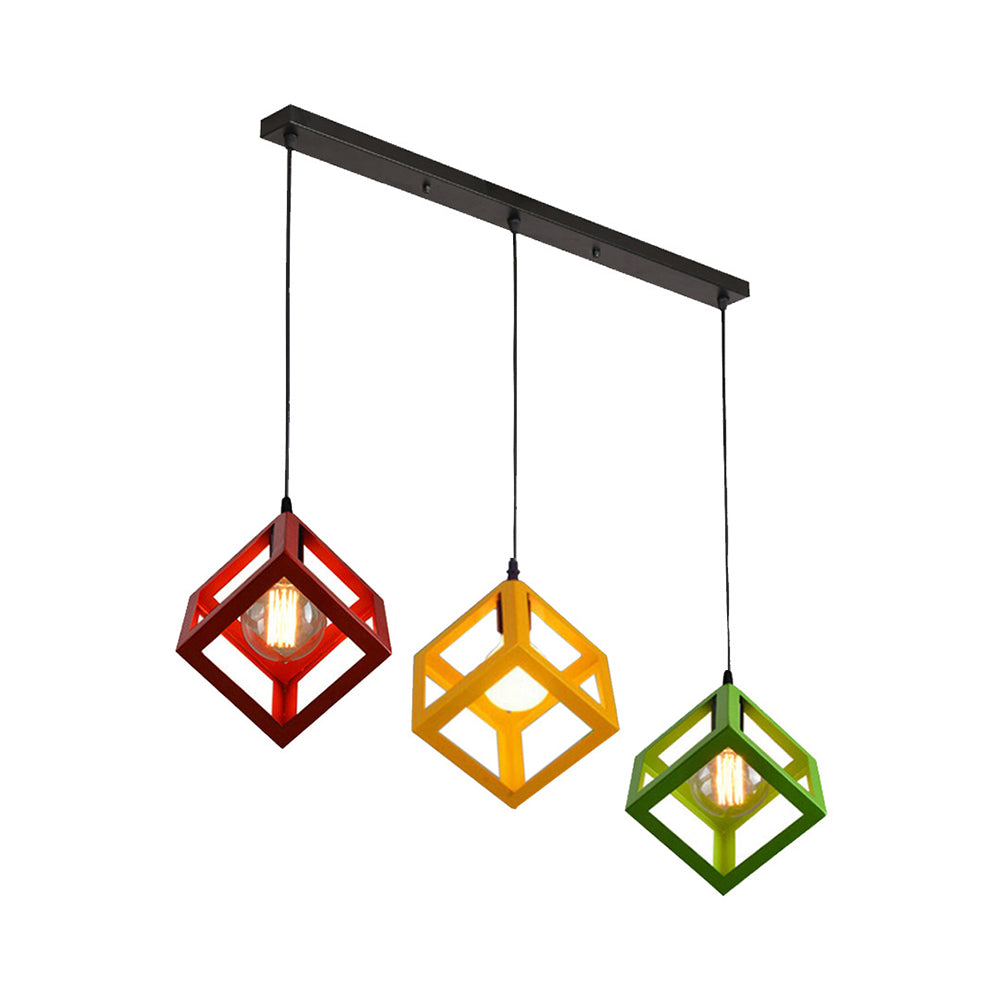 3 bulbos colgante de metal luz industrial lámpara de techo de sala de estar cuadrada cuadrada industrial con sombra de jaula de alambre