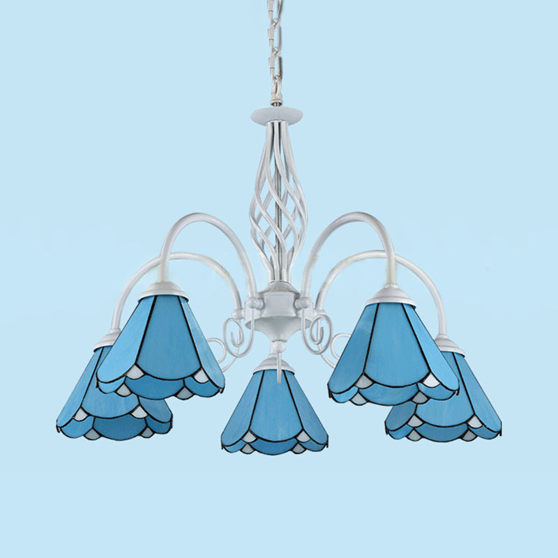 5 luci cono appeso la luce con catena di metallo e lampadario blu vintage colorato in vetro colorato