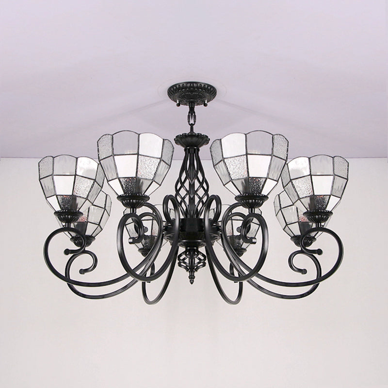 Bowl Hanging Chandelier with Black Curved Arm Tiffany 8 Lights Indoor Pendant Light in White for Hall