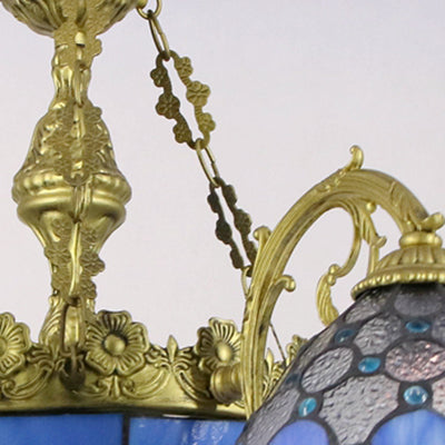 Mediterranean Dome Hanging Pendant Light Multi Light Stained Glass Chandelier Lamp in Blue