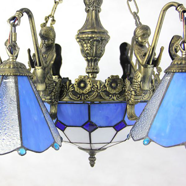 Blue 9 Lights Pendant Chandelier Tiffany Stained Glass Conical Hanging Light for Dining Room