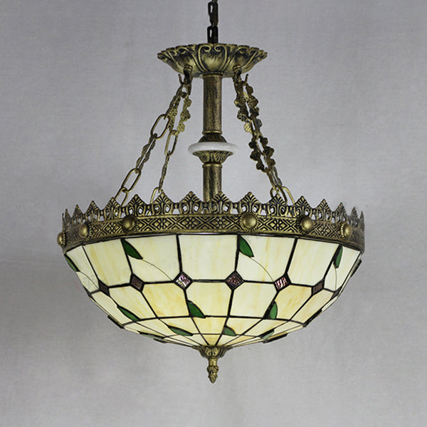 Lodge Leaf Suspended Light with Stained Glass Bowl Shade 3 Lights Indoor Lighting for Kitchen