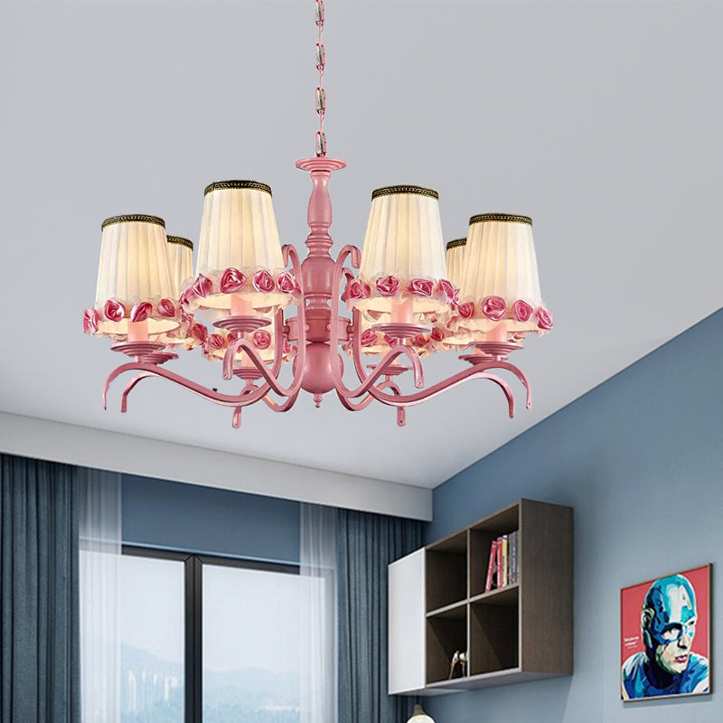 Hotel Fold Tapered Shade Chandelier with Flower Metal 8 Bulbs Modern Pink Hanging Light