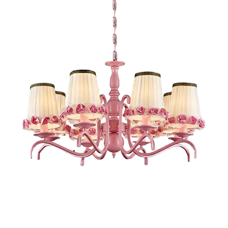 Hotel Fold Tapered Shade Chandelier with Flower Metal 8 Bulbs Modern Pink Hanging Light