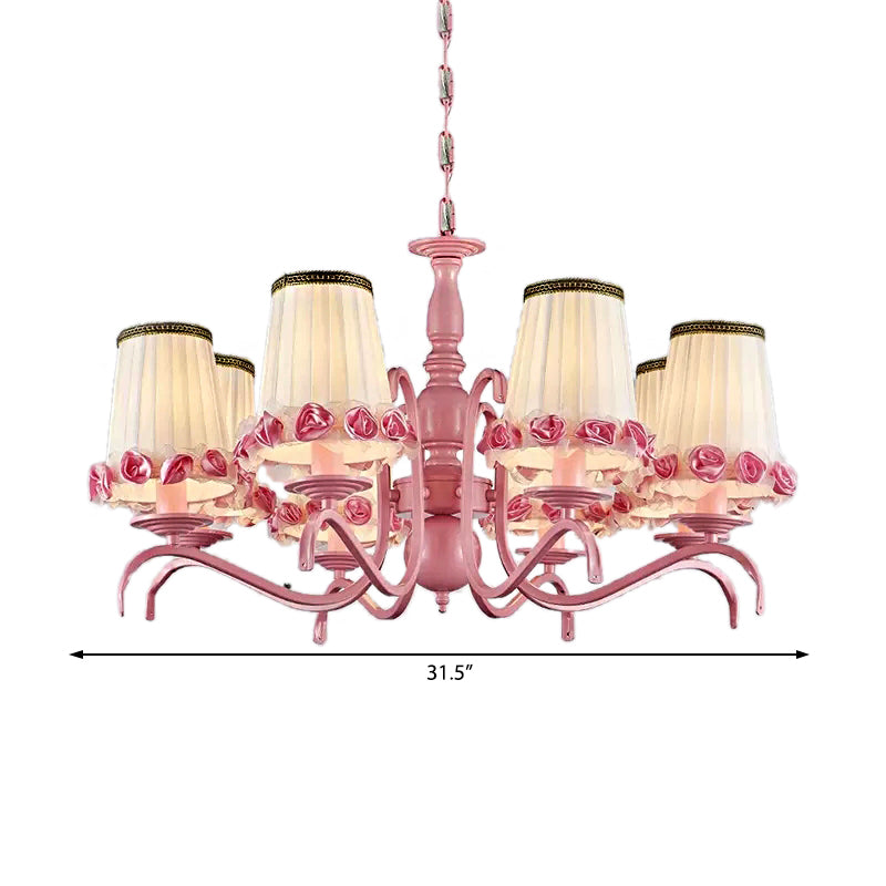Hotel Fold Tapered Shade Chandelier with Flower Metal 8 Bulbs Modern Pink Hanging Light